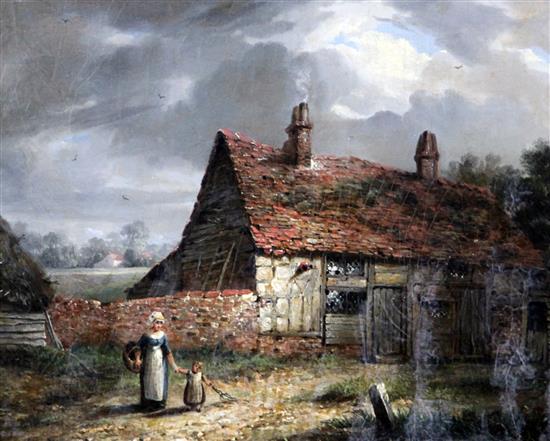 19th century English School Studies of figures beside cottages, 7.5 x 9.5in.